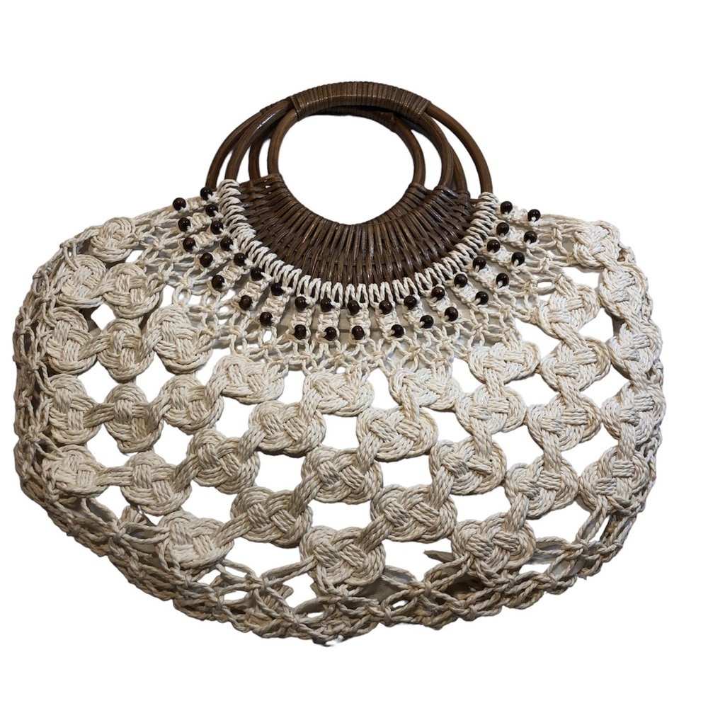 Crochet Beaded Purse Tote Woods Handles Bead Accents